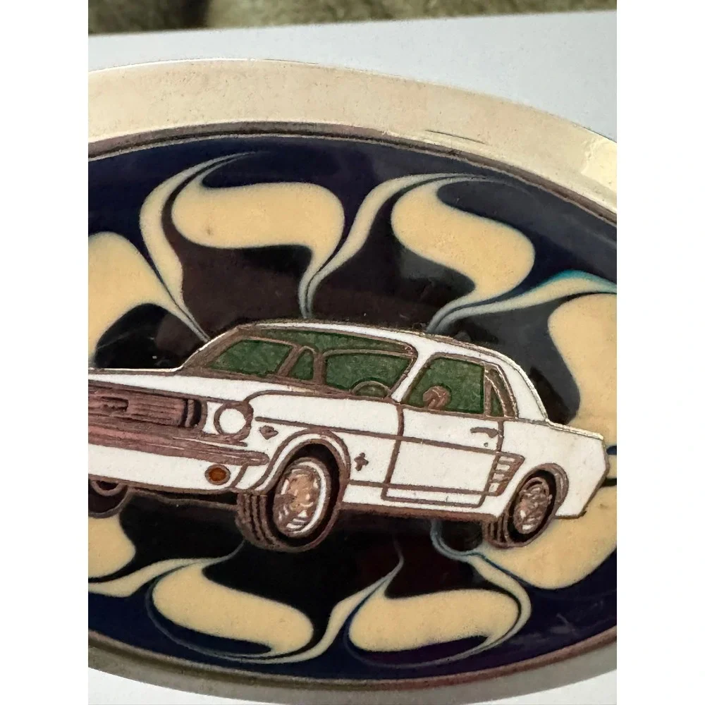 Vintage Ford Mustang Belt Buckle White Muscle Car Enamel Blue Swirl Oval Retro